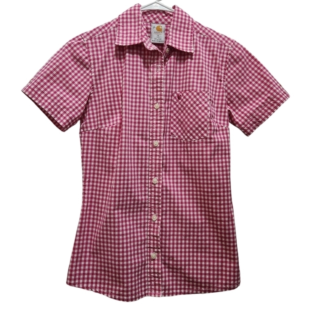 EUC Carhartt Women's Size S Pink Gingham Plaid Pocketed Button Down Shirt